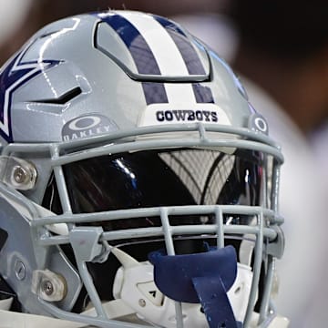 Sep 24, 2023; Glendale, Arizona, USA;  Detail view of a Dallas Cowboys helmet in the second half against the Arizona Cardinals at State Farm Stadium. Mandatory Credit: Matt Kartozian-Imagn Images