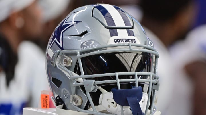 Sep 24, 2023; Glendale, Arizona, USA;  Detail view of a Dallas Cowboys helmet in the second half against the Arizona Cardinals at State Farm Stadium. Mandatory Credit: Matt Kartozian-USA TODAY Sports