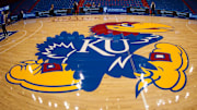 Jan 21, 2023; Lawrence, Kansas, USA;  Kansas Jayhawks logo at mid court prior to the game between the Kansas Jayhawks and the TCU Horned Frogs at Allen Fieldhouse. Mandatory Credit: William Purnell-Imagn Images