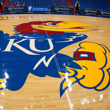 Jan 21, 2023; Lawrence, Kansas, USA; Kansas Jayhawks logo at mid court prior to the game between the Kansas Jayhawks and the TCU Horned Frogs at Allen Fieldhouse.