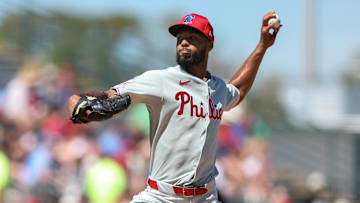 Mar 7, 2025; Bradenton, Florida, USA; Philadelphia Phillies pitcher Cristopher Sanchez (61) throws a pitch against the Pittsburgh Pirates in the first inning during spring training at LECOM Park. 