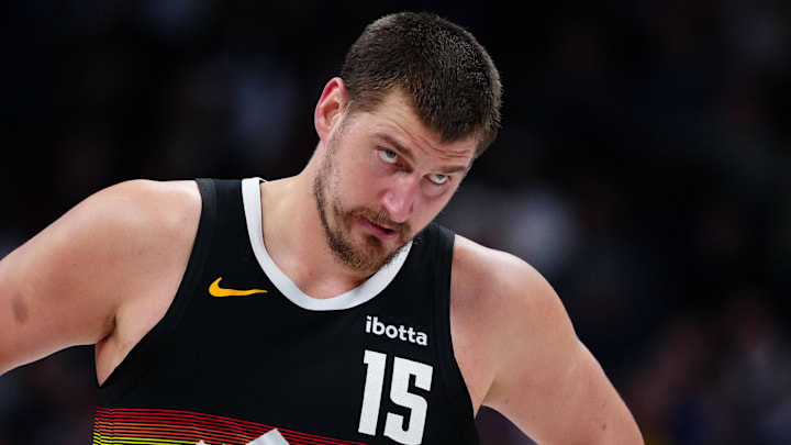 Mar 6, 2026; Denver, Colorado, USA; Denver Nuggets center Nikola Jokic (15) during the second quarter against the New York Knicks at Ball Arena. Mandatory Credit: Ron Chenoy-Imagn Images