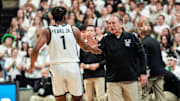Michigan State head coach Tom Izzo talks to guard Jeremy Fears Jr. during the first half of the Spartans' game Tuesday against Minnesota.