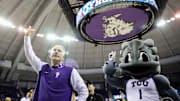 Feb. 5, 2025-TCU Head Coach Jamie Dixon and Super Frog celebrate Dixon's 500th career win as TCU beat West Virginia in the Schollmaier Arena. 