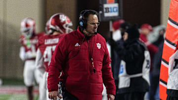 Nov 30, 2024; Bloomington, Indiana, USA;  Indiana Hoosiers head coach Curt Cignetti  in the second half against the Purdue Boilermakers at Memorial Stadium. Mandatory Credit: Trevor Ruszkowski-Imagn Images