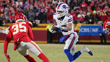 Jan 26, 2025; Kansas City, MO, USA; Buffalo Bills wide receiver Khalil Shakir (10) makes a catch against the Kansas City Chiefs in the AFC Championship game at GEHA Field at Arrowhead Stadium. Mandatory Credit: Denny Medley-Imagn Images