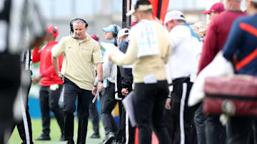 Aug 24, 2024; Dublin, IRL; Florida State University head coach Mike Norvell walks on the sideline at Aviva Stadium. Mandatory Credit: Tom Maher/INPHO via Imagn Images