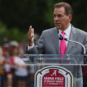 Sep 7, 2024; Tuscaloosa, Alabama, USA;  Former Alabama Crimson Tide head coach Nick Saban speaks at the dedication ceremony of Saban Field at Bryant-Denny Stadium. 