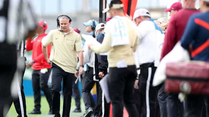 Aug 24, 2024; Dublin, IRL; Florida State University head coach Mike Norvell walks on the sideline at Aviva Stadium. Mandatory Credit: Tom Maher/INPHO via USA TODAY Sports