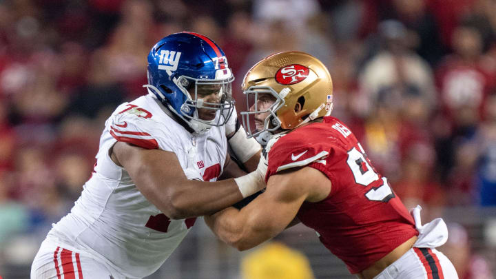 September 21, 2023; Santa Clara, California, USA; New York Giants offensive tackle Evan Neal (73) blocks San Francisco 49ers defensive end Nick Bosa (97) during the fourth quarter at Levi's Stadium.  