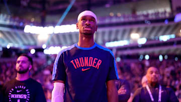 Mar 25, 2025; Sacramento, California, USA; Oklahoma City Thunder guard Shai Gilgeous-Alexander (2) stands on the court before the start of the game against the Sacramento Kings at the Golden 1 Center. Mandatory Credit: Cary Edmondson-Imagn Images