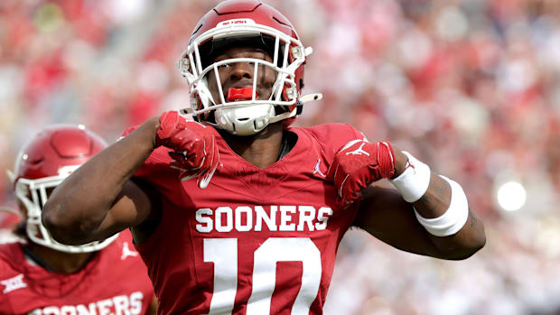 Oklahoma's Kip Lewis (10) celebrates against Central Florida at Gaylord Family Oklahoma-Memorial Stadium on Oct. 2023.