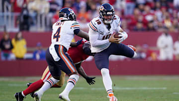 Dec 8, 2024; Santa Clara, California, USA; Chicago Bears quarterback Caleb Williams (18) runs the ball against the San Francisco 49ers in the fourth quarter at Levi's Stadium. Mandatory Credit: Cary Edmondson-Imagn Images