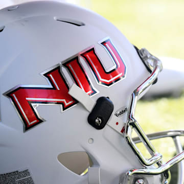 Oct 22, 2016; DeKalb, IL, USA; A detailed view of the Northern Illinois Huskies helmet before the game against the Buffalo Bulls at Huskie Stadium. Mandatory Credit: Mike DiNovo-Imagn Images