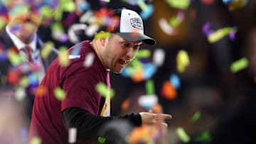 Dec 7, 2024; Arlington, TX, USA; Arizona State Sun Devils head coach Kenny Dillingham celebrates winning the Big 12 Championship game against the Iowa State Cyclones at AT&T Stadium. Mandatory Credit: Tim Heitman-Imagn Images