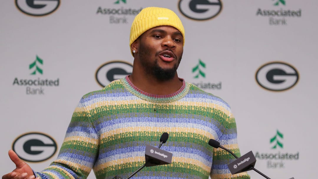 Green Bay Packers edge rusher Micah Parsons speaks during an introductory press conference on Friday at Lambeau Field. Green Bay Packers edge rusher Micah Parsons speaks during an introductory press conference on Friday at Lambeau Field.