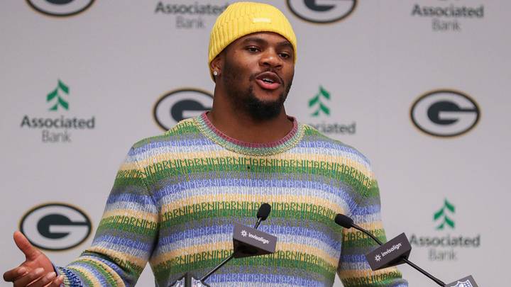 Former Dallas Cowboys and current Green Bay Packers edge rusher Micah Parsons speaks during an introductory press conference on Friday, August 29, 2025, at Lambeau Field in Green Bay, Wis.