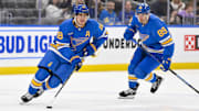 Oct 2, 2025; St. Louis, Missouri, USA; St. Louis Blues center Robert Thomas (18) controls the puck against the Ottawa Senators during the second period at Enterprise Center. Mandatory Credit: Jeff Curry-Imagn Images