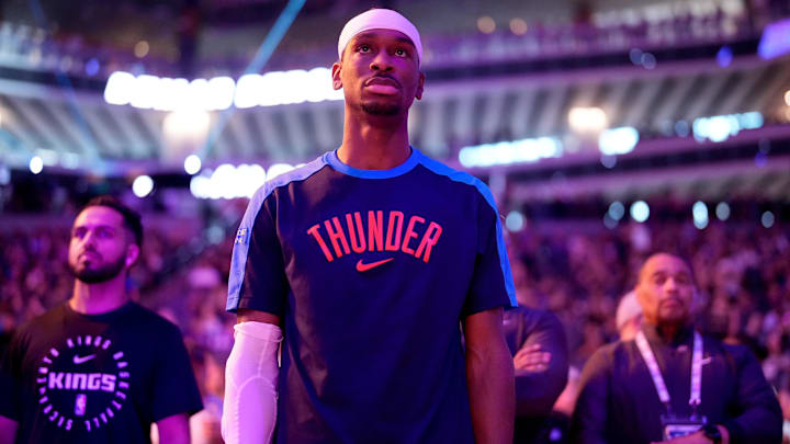 Mar 25, 2025; Sacramento, California, USA; Oklahoma City Thunder guard Shai Gilgeous-Alexander (2) stands on the court before the start of the game against the Sacramento Kings at the Golden 1 Center. Mandatory Credit: Cary Edmondson-Imagn Images