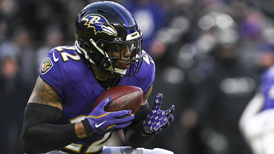 Jan 4, 2025; Baltimore, Maryland, USA;  Baltimore Ravens running back Derrick Henry (22) runs with the ball during the first quarter against the Cleveland Browns at M&T Bank Stadium. Mandatory Credit: Tommy Gilligan-Imagn Images | Tommy Gilligan-Imagn Images