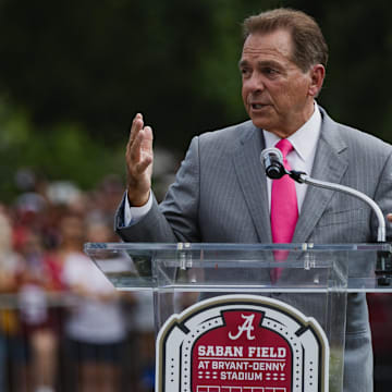 Sep 7, 2024; Tuscaloosa, Alabama, USA;  Former Alabama Crimson Tide head coach Nick Saban speaks at the dedication ceremony of Saban Field at Bryant-Denny Stadium. Mandatory Credit: William McLelland-Imagn Images