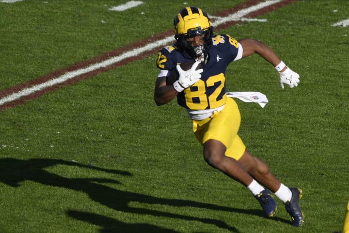 Jan 1, 2024; Pasadena, CA, USA; Michigan Wolverines wide receiver Semaj Morgan (82) carries the ball.