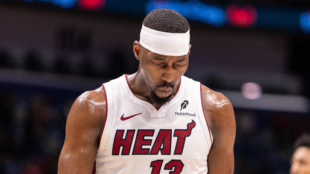 Feb 11, 2026; New Orleans, Louisiana, USA; Miami Heat center/forward Bam Adebayo (13) reacts to missing a free throw against the New Orleans Pelicans during the first half at Smoothie King Center. Mandatory Credit: Stephen Lew-Imagn Images