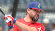 Jun 7, 2025; Pittsburgh, Pennsylvania, USA; Philadelphia Phillies designated hitter Kyle Schwarber (12) at the batting cage before the game against the Pittsburgh Pirates at PNC Park. Mandatory Credit: Charles LeClaire-Imagn Images