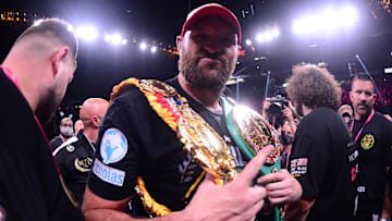 Oct 9, 2021; Las Vegas, Nevada, USA; Tyson Fury celebrates after knocking out Deontay Wilder (not pictured) during their WBC/Lineal heavyweight championship boxing match at T-Mobile Arena. Mandatory Credit: Joe Camporeale-Imagn Images