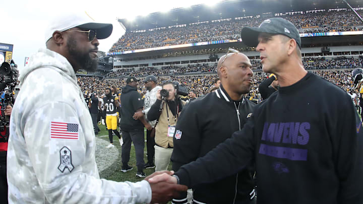 Steelers Head Coach Mike Tomlin shakes hands with Baltimore Ravens Coach John Harbaugh following the game in Pittsburgh on Nov. 17. Steelers Head Coach Mike Tomlin shakes hands with Baltimore Ravens Coach John Harbaugh following the game in Pittsburgh on Nov. 17.