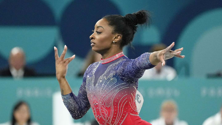 Simone Biles of the United States competes on the floor exercise on day three of the gymnastics event finals during the Paris 2024 Olympic Summer Games. 