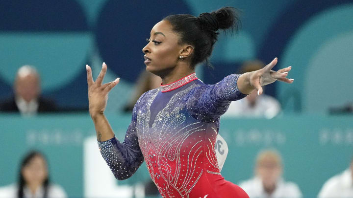 Simone Biles of the United States competes on the floor exercise on day three of the gymnastics event finals during the Paris 2024 Olympic Summer Games. 