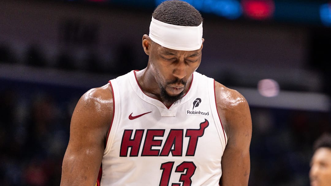 Miami Heat center/forward Bam Adebayo (13) reacts (Mandatory Credit: Stephen Lew-Imagn Images)