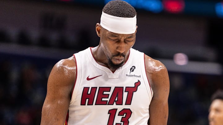 Miami Heat center/forward Bam Adebayo (13) reacts (Mandatory Credit: Stephen Lew-Imagn Images)