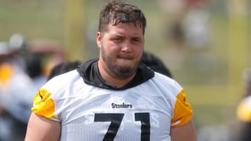 Jul 27, 2023; Latrobe, PA, USA;  Pittsburgh Steelers guard Nate Herbig (71) participates in drills during training camp at Saint Vincent College. Mandatory Credit: Charles LeClaire-USA TODAY Sports