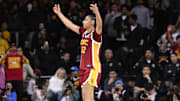 Feb 13, 2025; Los Angeles, California, USA; USC Trojans guard JuJu Watkins (12) celebrates as the clock runs out in the Trojans win over the UCLA Bruins at Galen Center. Mandatory Credit: Robert Hanashiro-Imagn Images