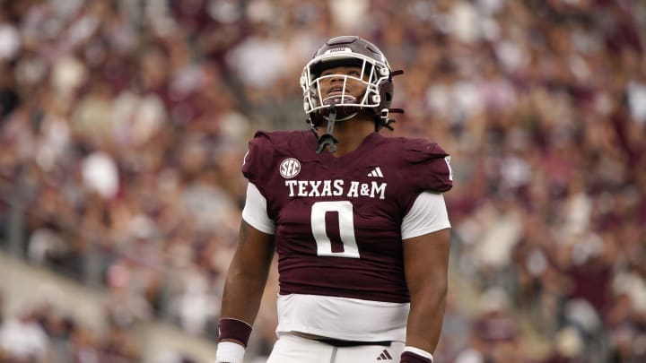 Oct 28, 2023; College Station, Texas, USA; Texas A&M Aggies defensive lineman Walter Nolen (0) moves up to the scrimmage line during the second quarter in a game against South Carolina Gamecocks at Kyle Field. Mandatory Credit: Dustin Safranek-USA TODAY Sports