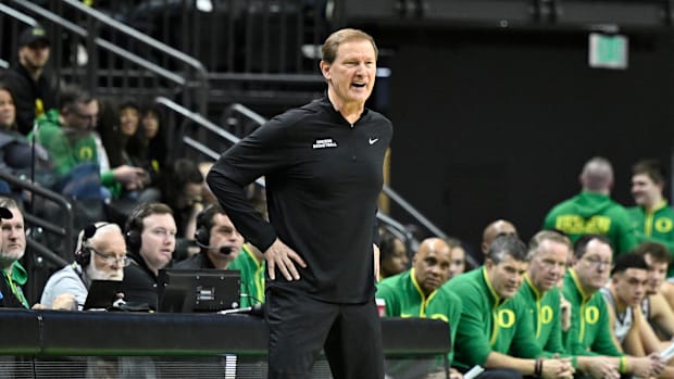 Dec 15, 2024; Eugene, Oregon, USA; Oregon Ducks head coach Dana Altman coaching his team during the first half against the St