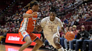 Jan 4, 2025; Tallahassee, Florida, USA; Florida State Seminoles forward Jamir Watkins (1) drives the ball to the net against Syracuse Orange guard Lucas Taylor (3) during the first half at Donald L. Tucker Center. Mandatory Credit: Melina Myers-Imagn Images