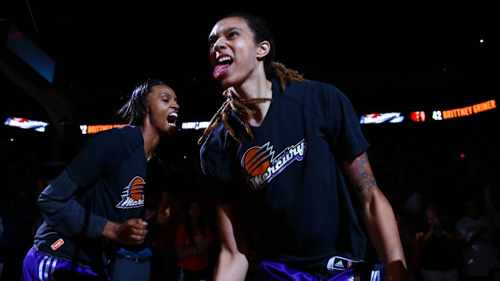 Sep 7, 2014; Phoenix, AZ, USA; Phoenix Mercury center Brittney Griner (right) and guard DeWanna Bonner react prior to the game against the Chicago Sky during game one of the WNBA Finals at US Airways Center. The Mercury defeated the Sky 83-62. Mandatory Credit: Mark J. Rebilas-Imagn Images