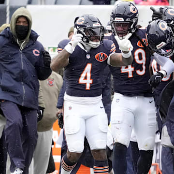 D'Andre Swift celebrates a first down against the Giants in Sunday's Bears win.