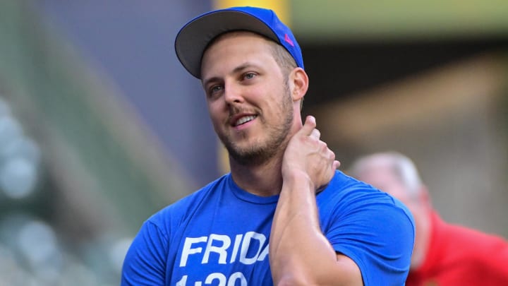 Sep 29, 2023; Milwaukee, Wisconsin, USA; Chicago Cubs pitcher Jameson Taillon (50) speaks to the media before game against the Milwaukee Brewers at American Family Field