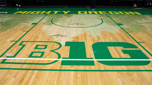 At Big10 logo on the volleyball court at Matthew Knight Arena at the University of Oregon.