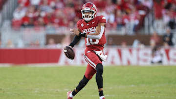 Oct 19, 2024; Fayetteville, Arkansas, USA; Arkansas Razorbacks quarterback Taylen Green (10) looks to pass against the LSU Tigers during the first quarter at Donald W. Reynolds Razorback Stadium. Mandatory Credit: Nelson Chenault-Imagn Images