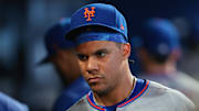 Sep 28, 2025; Miami, Florida, USA; New York Mets right fielder Juan Soto (22) looks on after the game against the Miami Marlins at loanDepot Park. Mandatory Credit: Sam Navarro-Imagn Images