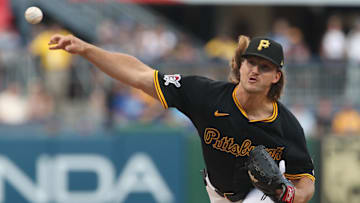 Sep 2, 2025; Pittsburgh, Pennsylvania, USA;  Pittsburgh Pirates starting pitcher Carmen Mlodzinski (50) delivers a pitch against the Los Angeles Dodgers during the first inning at PNC Park. Mandatory Credit: Charles LeClaire-Imagn Images