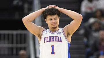 Mar 29, 2025; San Francisco, CA, USA; Florida Gators guard Walter Clayton Jr. (1) reacts during the first half against the Texas Tech Red Raiders during the West Regional final of the 2025 NCAA tournament at Chase Center. Mandatory Credit: Eakin Howard-Imagn Images