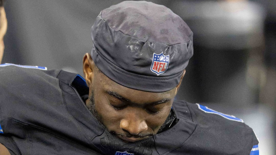 Detroit Lions cornerback Terrion Arnold (0) is carted off the field after getting injured against the Minnesota Vikings 