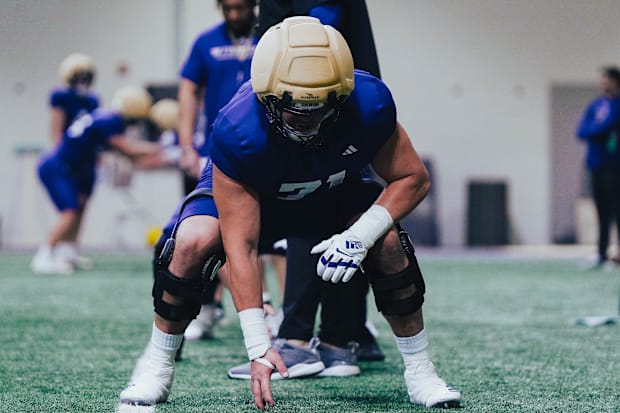 Davit Boyajyan gets in a stance during UW spring ball. 