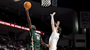 Nov 25, 2025; College Station, Texas, USA; Mississippi Valley State Delta Devils guard Michael James (10) shoots the ball as Texas A&M Aggies forward Zach Clemence (7) during the second half at Reed Arena. Mandatory Credit: Maria Lysaker-Imagn Images 